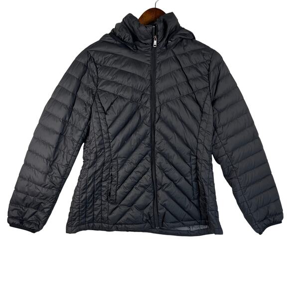 London Fog Lightweight Packable Down Puffer Jacket Women’s SZ L Black Hooded - Picture 1 of 14